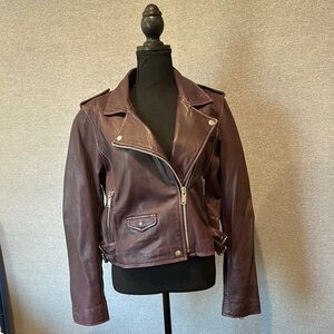 Amaryllis Burgundy Leather Biker Jacket with Asymmetrical Zipper